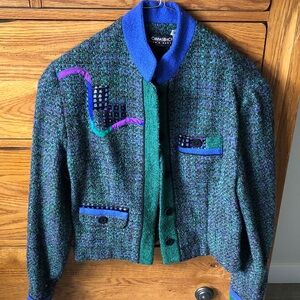 Bella Canvas Teal-Green and Bright Blue Tweed Jacket with Purple Trim